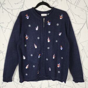 Croft & Barrow Ramie Blend Snowflake Snowman Embroidered Full Zip Sweater